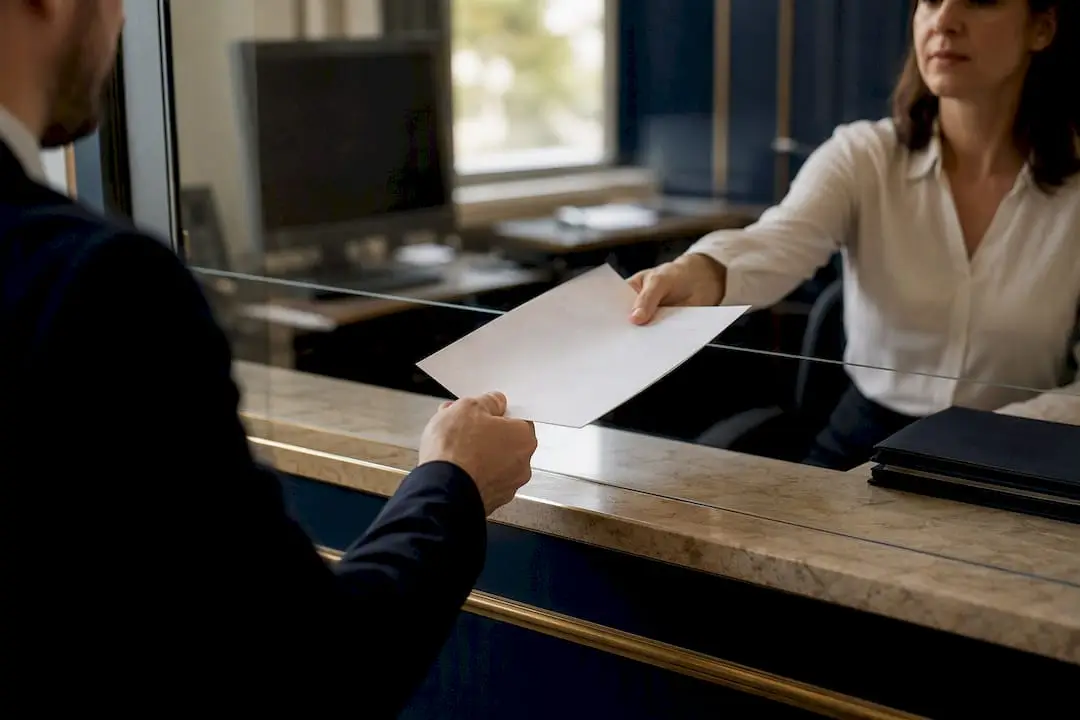 Hands exchanging documents at tax office counter