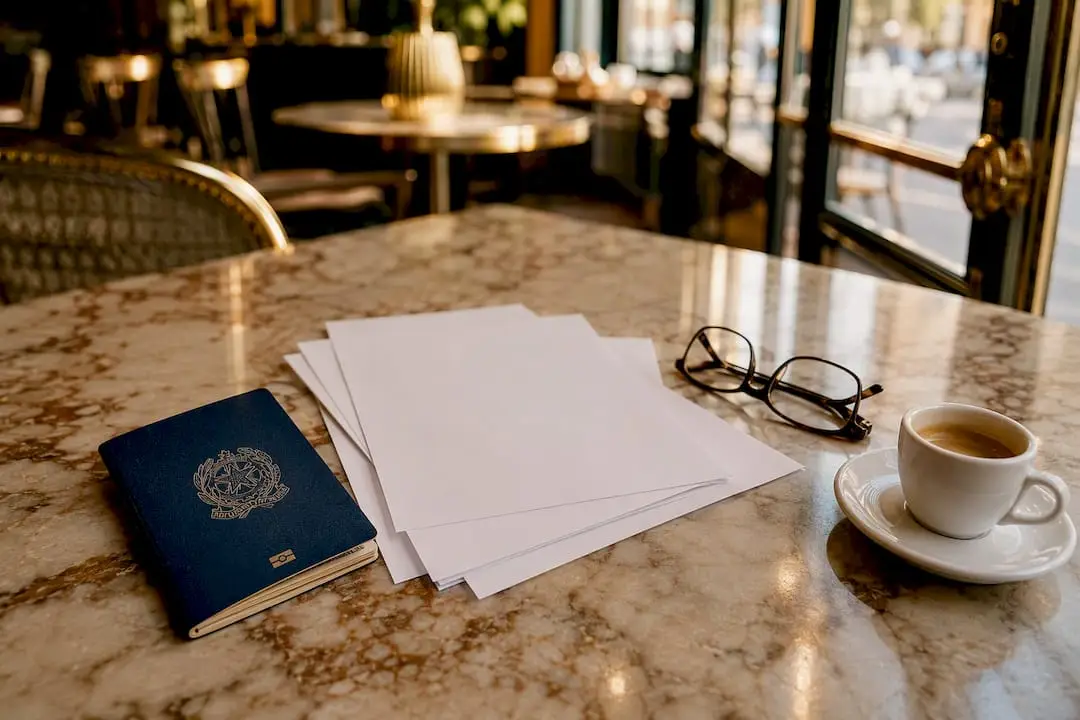 Italian passport and documents on desk