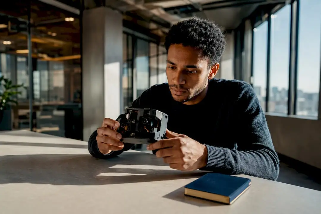 Founder examining technology prototype in incubator